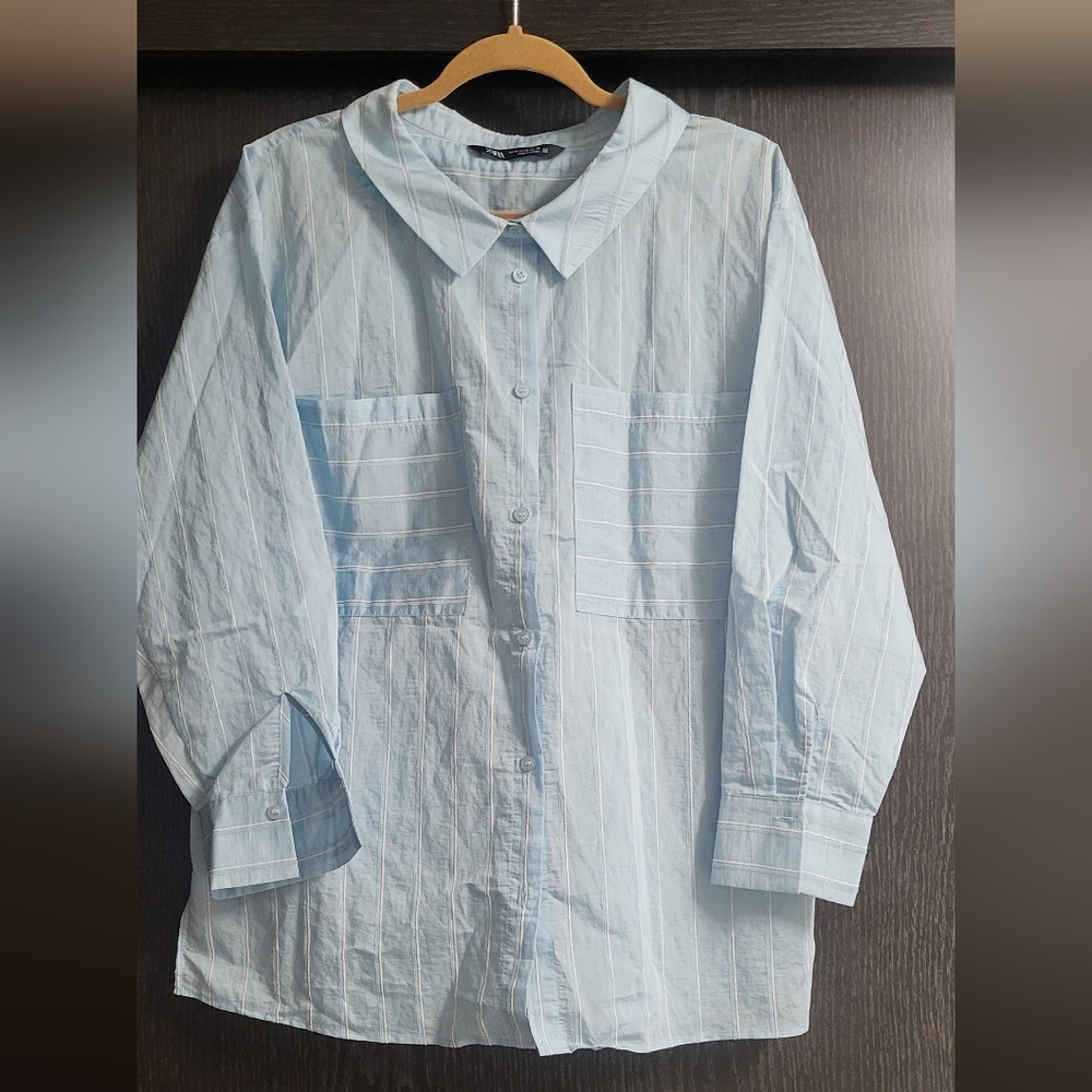Zara Light Blue Striped Button-Up Shirt